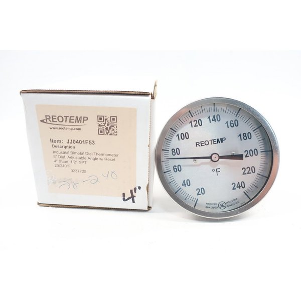 Reotemp Jj0401F53 5In 1/2In 4In 20-240F Npt Bimetal Thermometer JJ0401F53